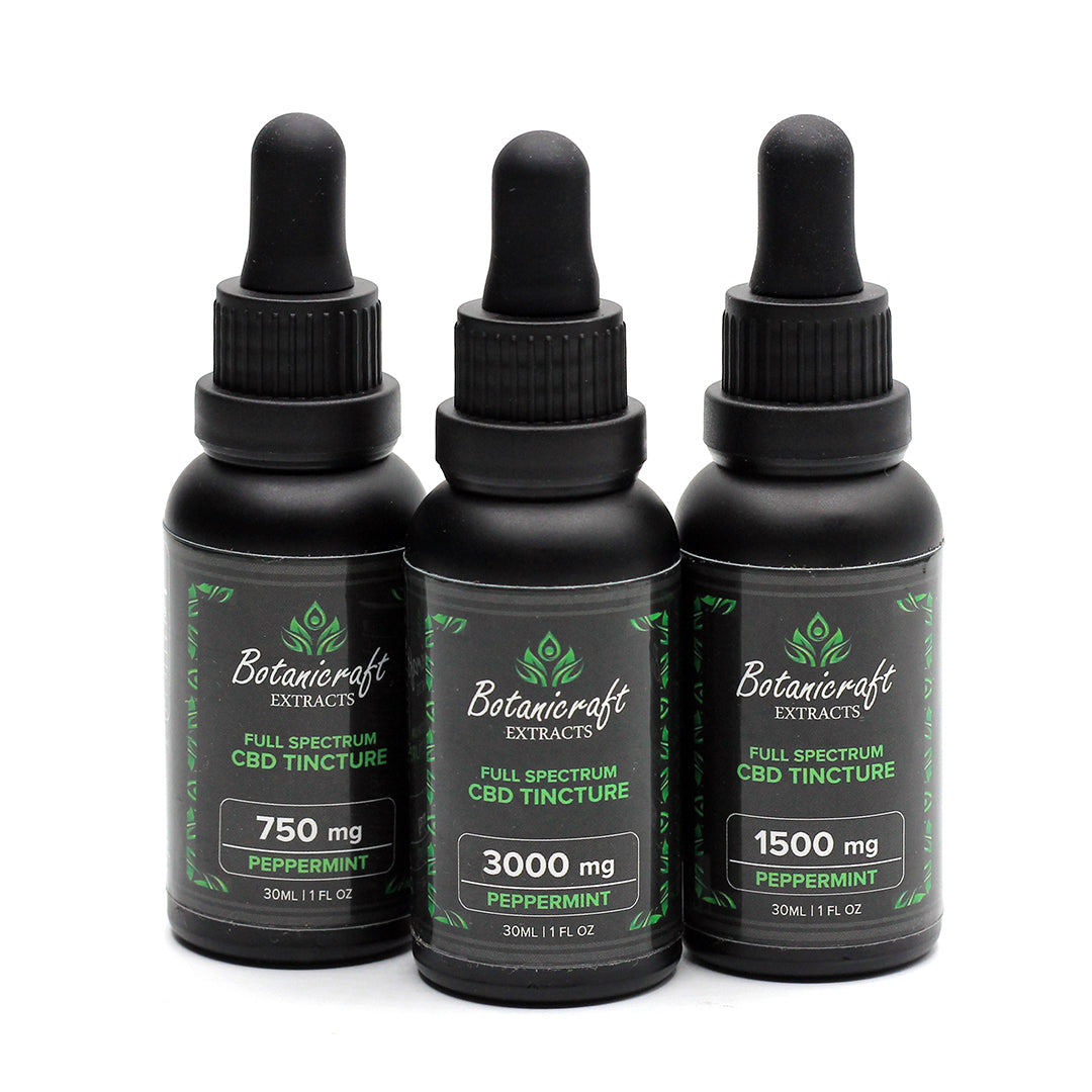 Bottles of 750 mg, 1500 mg, and 3000 mg full spectrum CBD oil | Peppermint Flavor | Botanicraft Extracts