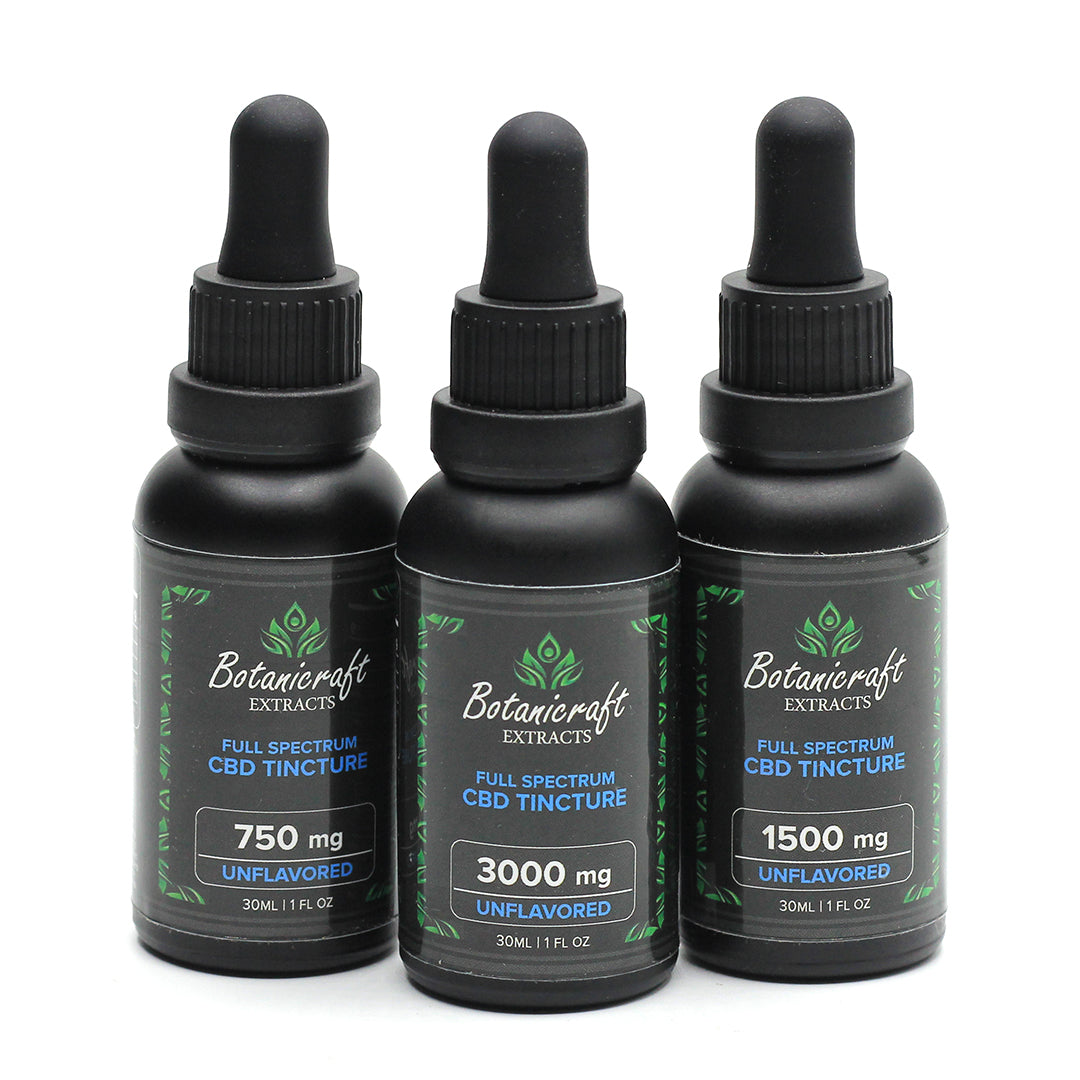 Bottles of 750 mg, 1500 mg, and 3000 mg full spectrum CBD oil | Unflavored | Botanicraft Extracts