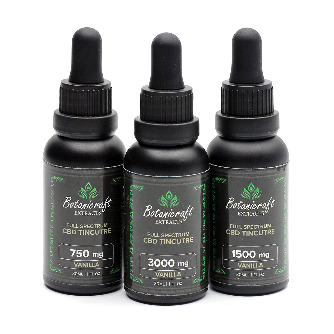 Bottles of 750 mg, 1500 mg, and 3000 mg full spectrum CBD oil | Vanilla Flavor | Botanicraft Extracts